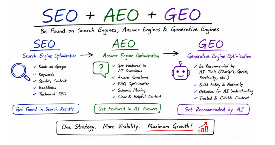 SEO + AEO + GEO Framework: Search, Answer and Generative Engine Optimization
